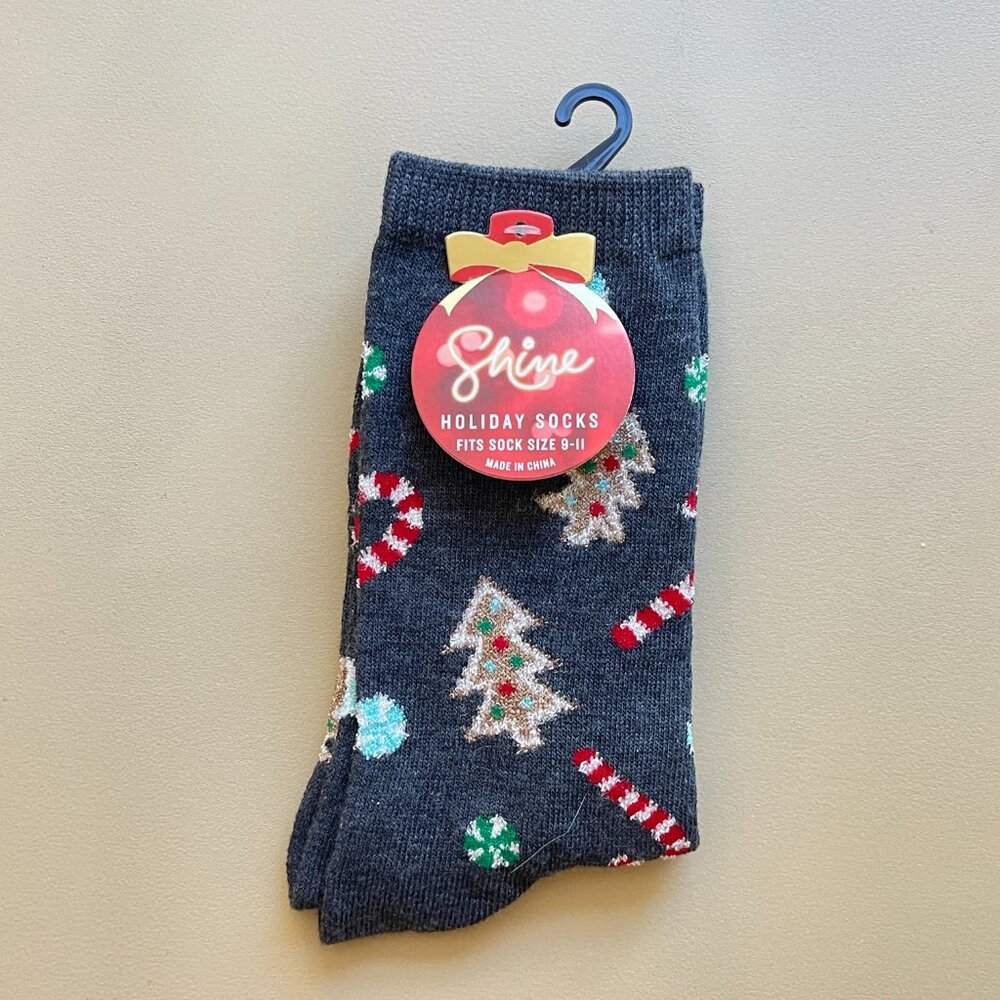 New Shine Socks Christmas Tree Holiday Candy Cane Charcoal Gray NWT
